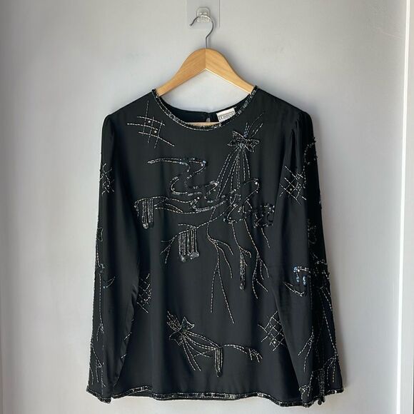 Vintage Silk CC Courtenay Blouse Sequin Beaded Blouse Black Medium - Picture 1 of 11